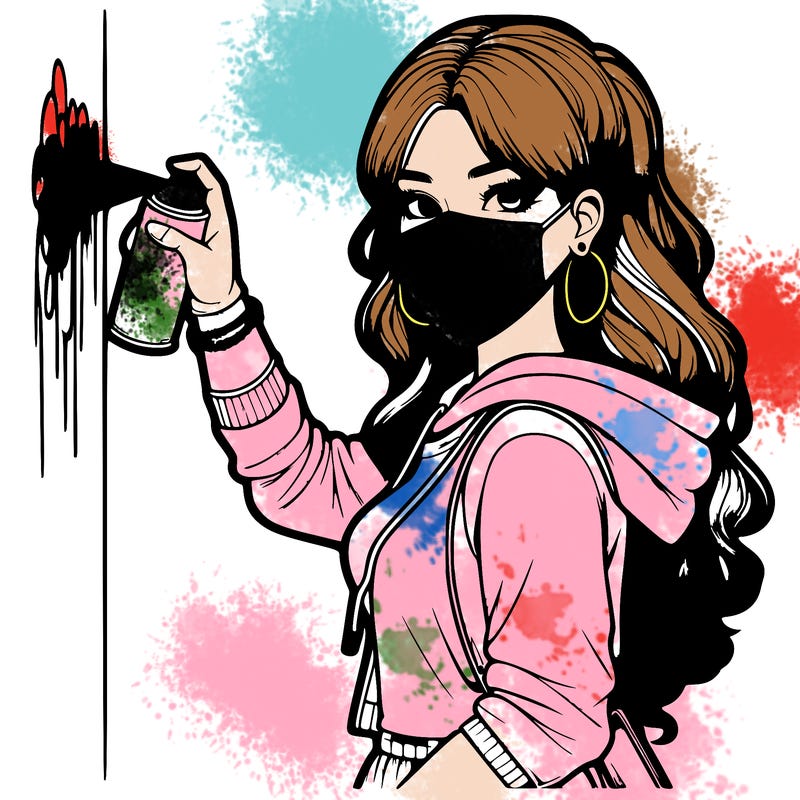 realistic girl with mask spray painting a wall