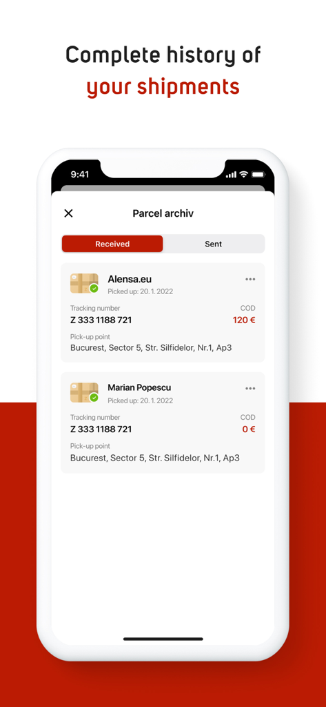 Packeta mobile App-Paketarchiv-Bildschirm mit einer Liste empfangener Sendungen mit Sendungsverfolgungsnummern und Abholpunkten.