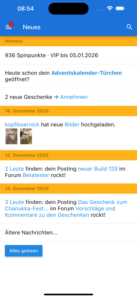 A news feed screen from the spin.de app displaying user notifications and community activity in German.