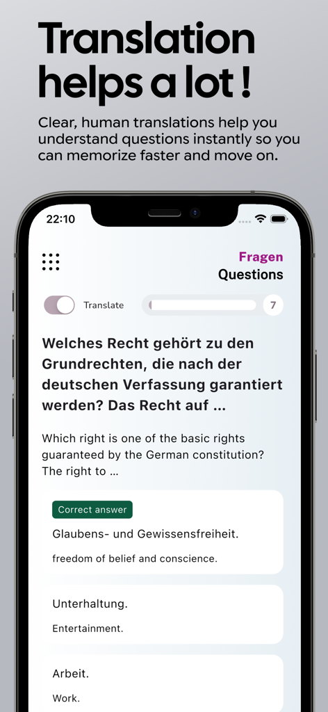 Leben in Deutschland: LebenPro - Screenshot of LebenPro app showing a German citizenship test question with English translation and highlighted correct answer