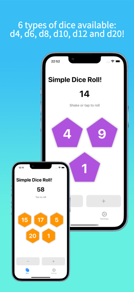 Simple Dice Roll! - Aplicación Simple Dice Roll mostrando múltiples dados en pantallas de iPhone