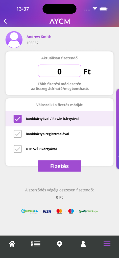 Payment interface of the AYCM app showing payment options including bank card and SZÉP card in Hungarian