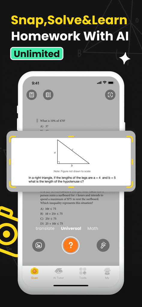 Uknow.AI: Homework&Math Solver - The Uknow.AI app interface scanning a geometry problem about a right triangle to provide an instant solution.