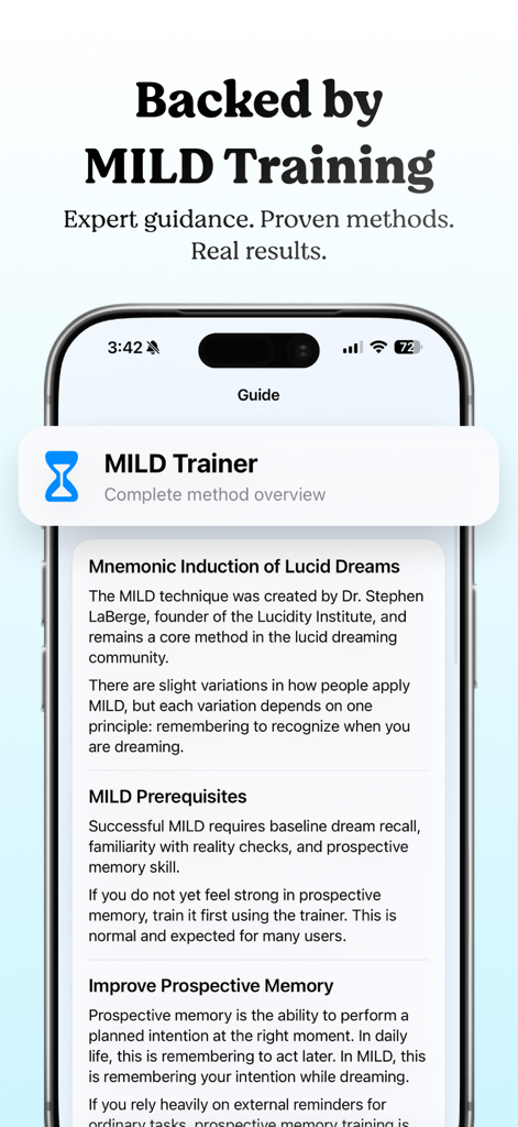 MILD Trainer: Lucid Dreaming - Lucid dreaming training guide screen in the MILD Trainer mobile application.