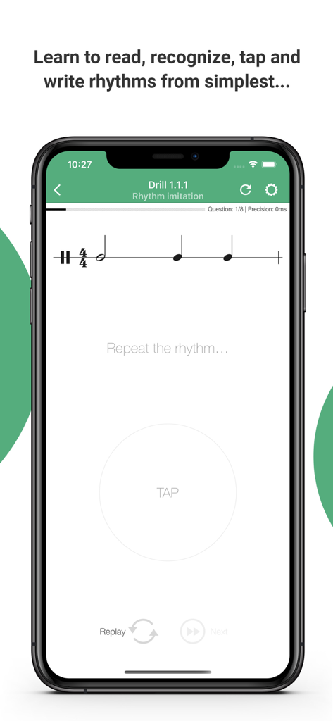 A rhythm imitation drill in the Complete Rhythm Trainer app showing sheet music and a tap interaction button.