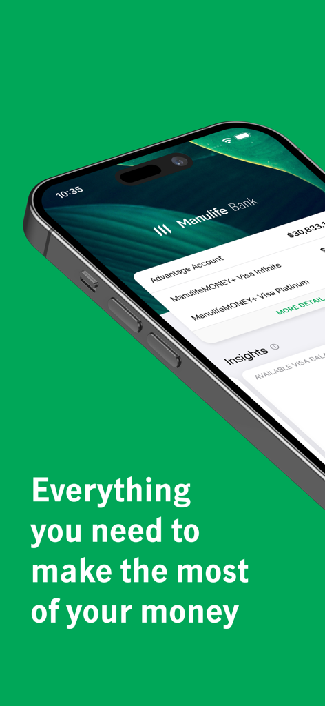 Manulife Bank Mobile app on a smartphone showing account balances and financial insights on a green background