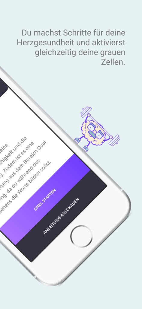 iPhone screen displaying the Denkspur app interface featuring a brain mascot lifting weights and buttons to start training