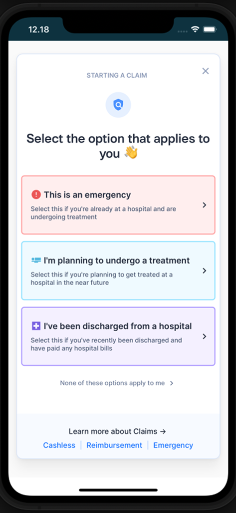 The Nova Benefits app screen where users select the type of insurance claim they need to initiate such as emergency or planned treatment.