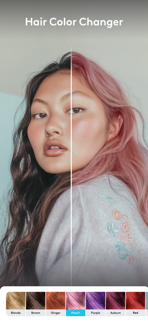 Facetune app interface showing a split screen comparison of a hair color change from brown to peach