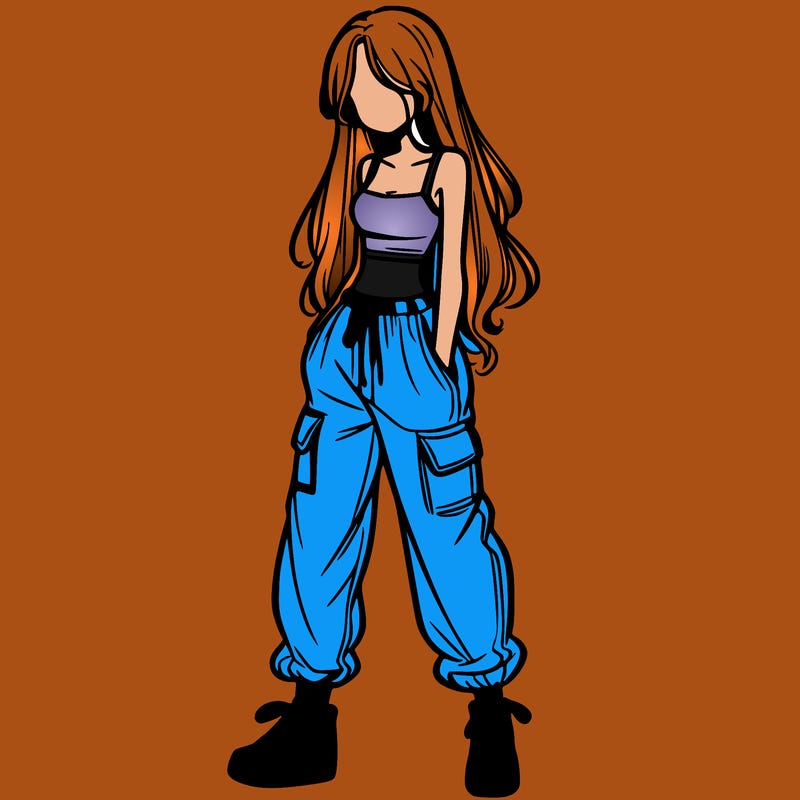 girl in baggy pants crop top and long hair