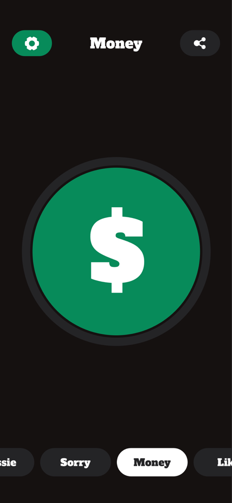 A large green button with a dollar sign symbol in the Yes Button soundboard app interface