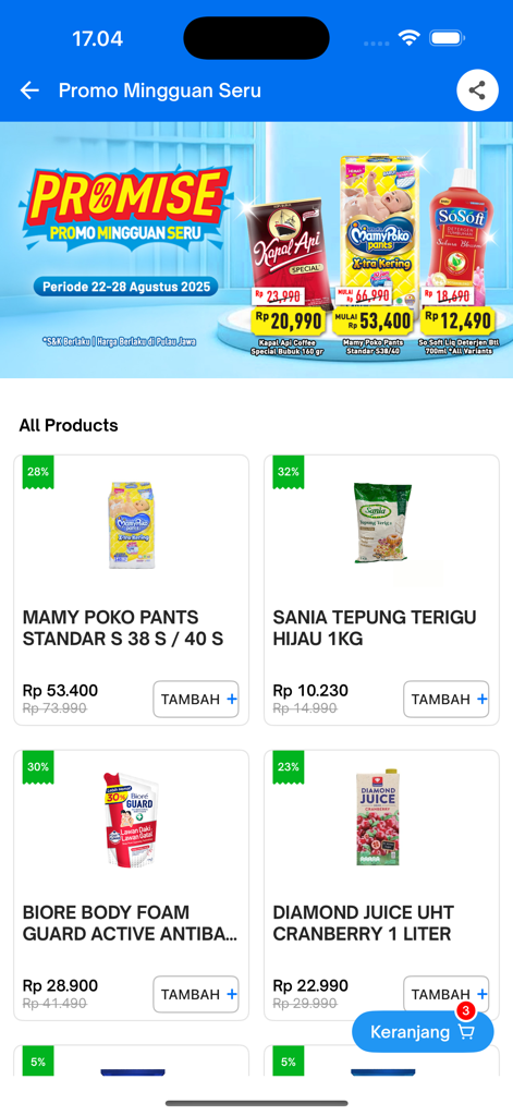 Hypermart mobile app screen displaying weekly promotions and discounts on grocery products