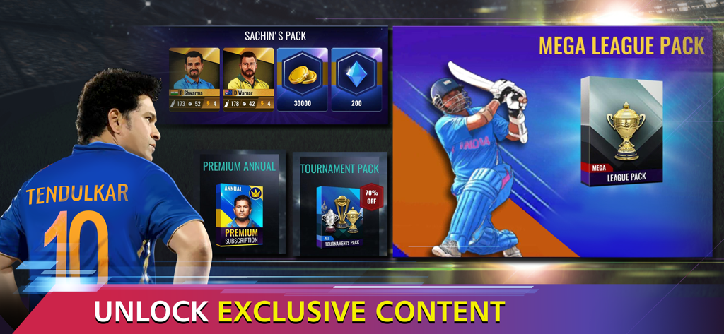 Sachin Saga Cricket Champions - Promotional screen for Sachin Saga Cricket Champions highlighting exclusive content including player packs and premium subscriptions.