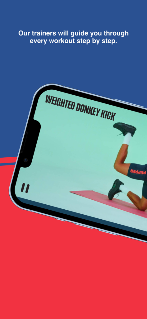 PEPPER: Home EMS Training - Ein Smartphone-Bildschirm zeigt einen Trainer, der eine gewichtete Donkey-Kick-Übung in der Pepper App ausführt