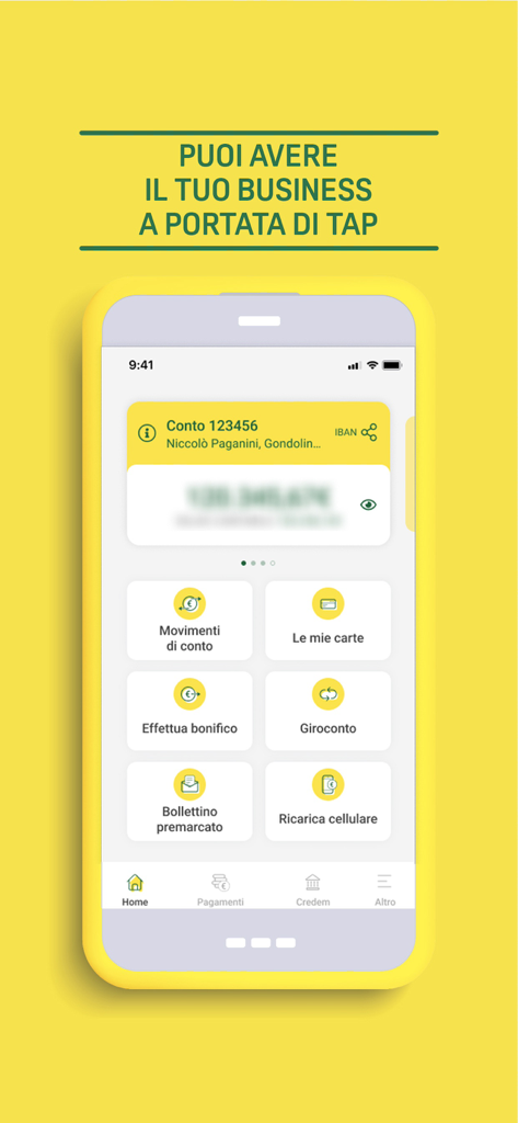Credem Banca per imprese - Pantalla de inicio de la aplicación de banca empresarial Credem con panel de cuentas y iconos de acceso rápido a servicios financieros