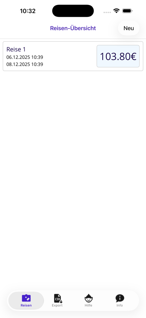 VMA Rechner NE - Tela de resumo de viagens do aplicativo VMA Rechner NE mostrando subsídios de refeição de viagem calculados