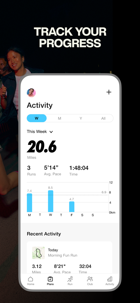 Nike Run Clubアプリのアクティビティダッシュボード、週ごとのランニング距離、ペース、ワークアウト履歴を表示