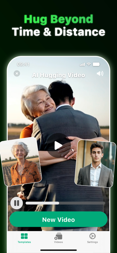 VidAI - AI Hug Video Maker - Smartphone display showing the VidAI app interface with an AI generated video of a hug between two people