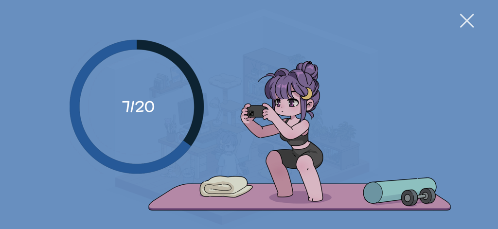 My Little Pomodoro: Focus - 마이 리틀 뽀모도로 앱의 진행률 추적기와 함께 스쿼트를 하는 귀여운 애니메이션 캐릭터