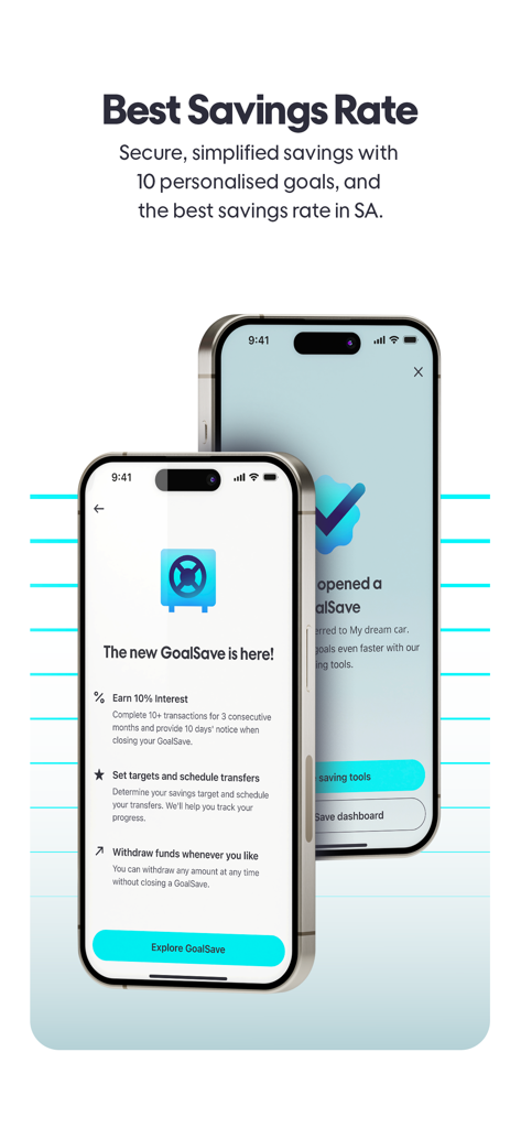 GoTyme Bank mobile app interface showing GoalSave feature with 10 percent interest rate and savings goals