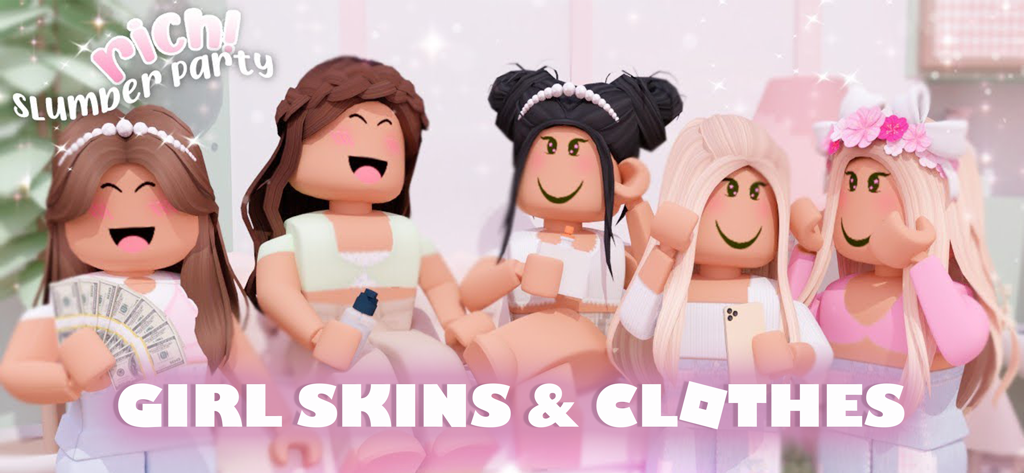 Girl Skins & Clothes Avatars - Cinco avatares de meninas do Roblox com visual estiloso, vestidas para uma festa do pijama