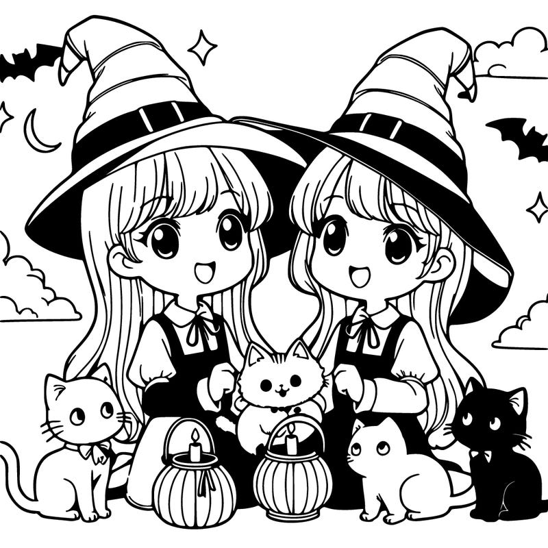 two witches with cats