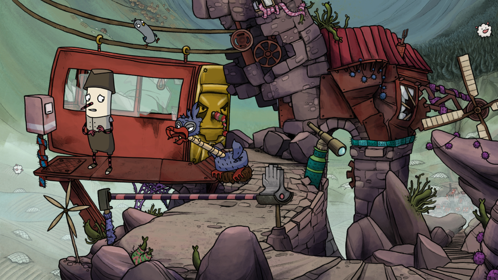 A hand-drawn game scene featuring the character Robert and Peck the pigeon at a whimsical cable car station in the world of Asposia.