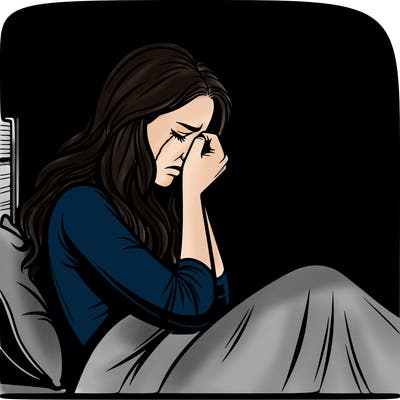 realistic woman crying in her bed in a dark room