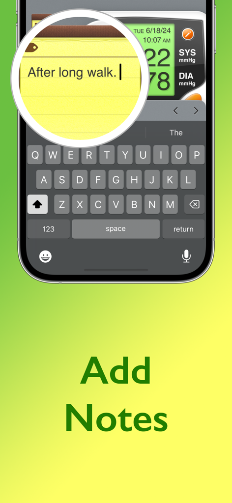Blood Pressure: Tracker - A mobile interface for the Blood Pressure Tracker app showing a note entry field with the text After long walk.