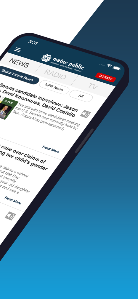 Maine Public news app interface showing local news headlines and radio tabs