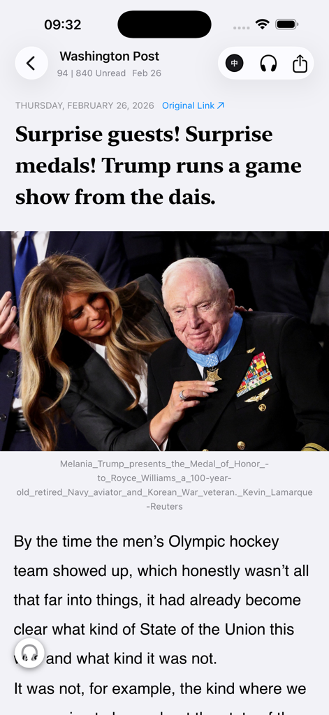 ONews app interface displaying a Washington Post article about a medal ceremony