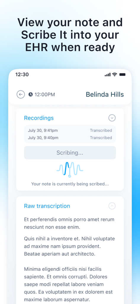 DeepScribe mobile app interface showing a patient note being scribed and transcribed for EHR integration