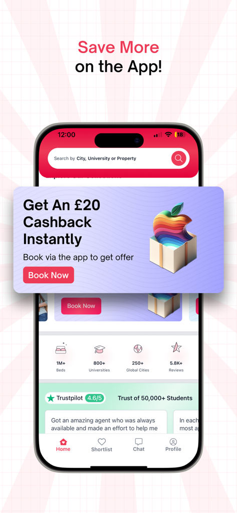 Amber: Student Housing & Apt - Amber student housing app interface displaying a cashback offer and verified property statistics
