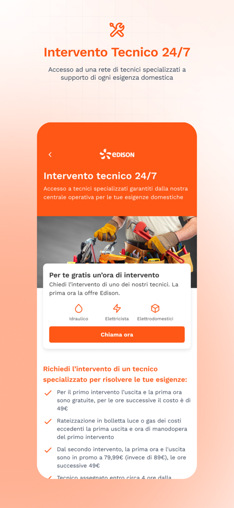 Screenshot dell'app My Edison che mostra la funzione di intervento tecnico 24/7 per riparazioni idrauliche ed elettriche domestiche