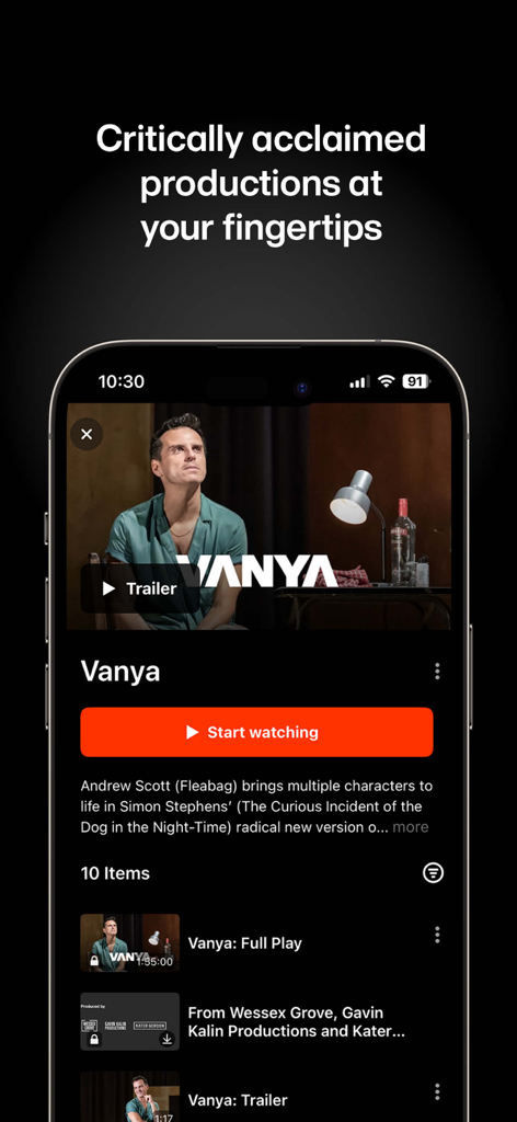 National Theatre at Home - Interfaz de la aplicación National Theatre at Home para la obra Vanya protagonizada por Andrew Scott.