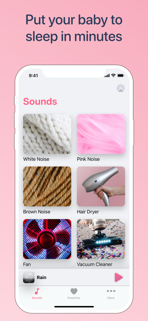 White noise generator, pink - App screen showing different white noise sounds like pink noise hair dryer and fan to help babies fall asleep