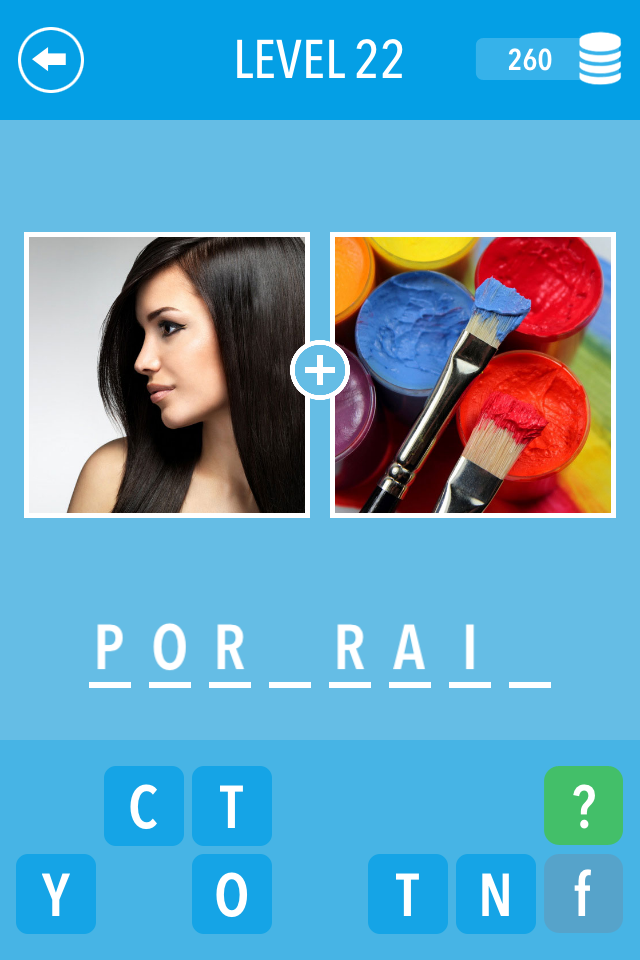 2 Pics ~ Combine and Guess the Word! - Gameplay screen of a word puzzle game where two images combine to form the word portrait.