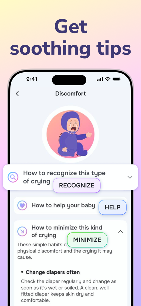 Screenshot of the Cry Analyzer app showing expert tips to help a crying baby and address discomfort.