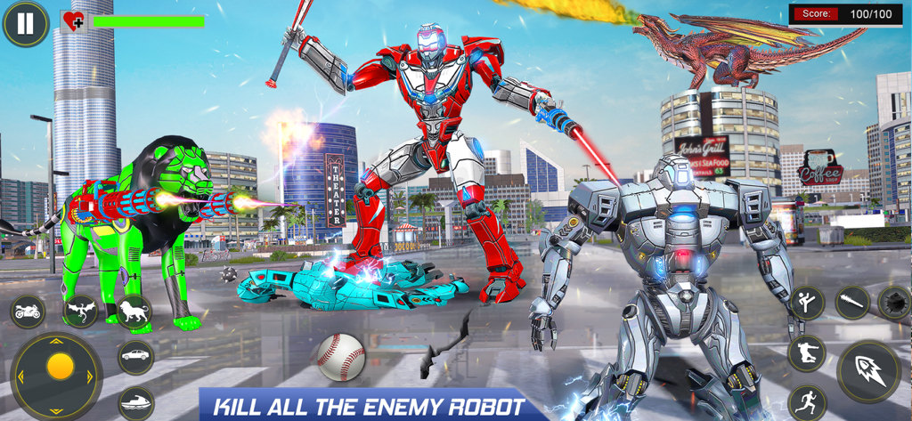 Robot Car Transform Wars Games - Giant robots and a mechanical lion fighting enemies and a dragon in a city environment