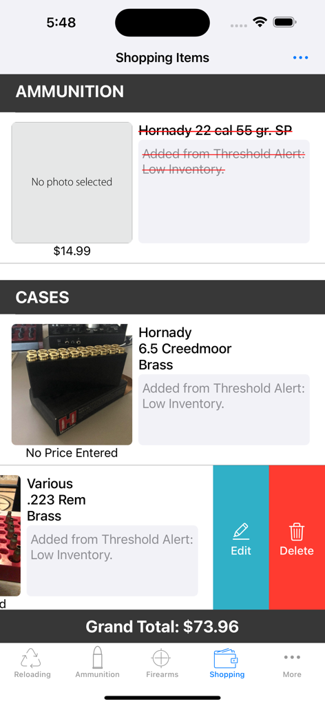 ReLOADeD (Ammo) - Shopping list in the ReLOADeD app showing ammunition and brass cases with low inventory alerts