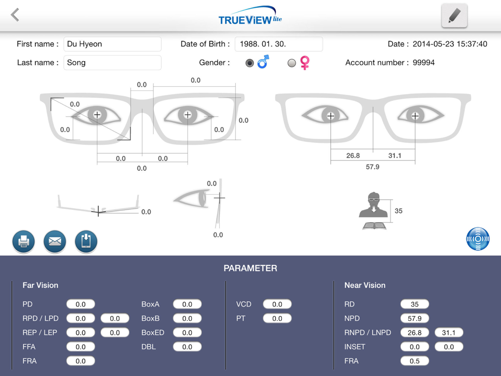 TRUEVIEW lite - Professional dashboard showing detailed optical measurement parameters for a patient within the TRUEVIEW lite iPad app