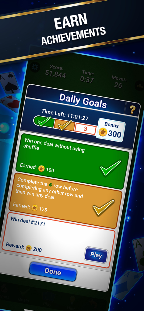 A screen from Addiction Solitaire showing the Daily Goals and earned achievements for completing card game challenges.