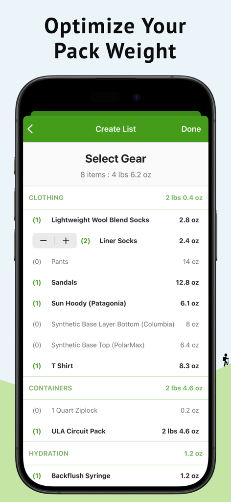 PackLight app screen showing gear selection with individual and total weights for a backpacking list.