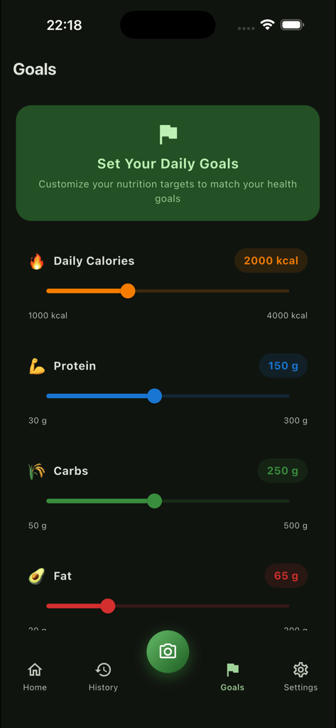 CalorAI – AI Calorie Tracker - Interface of the CalorAI app showing sliders to set daily goals for calories, protein, carbs, and fat