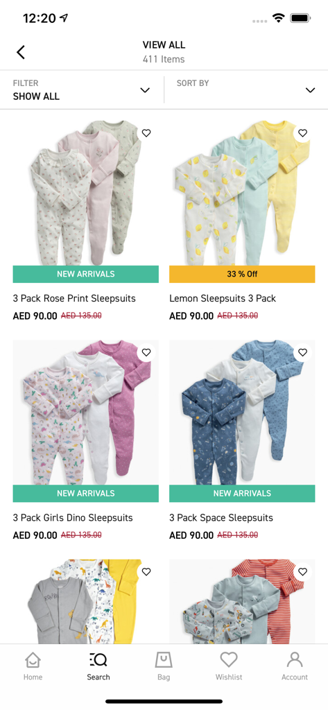 Mamas and Papas app product listing page for baby sleepsuits and clothing