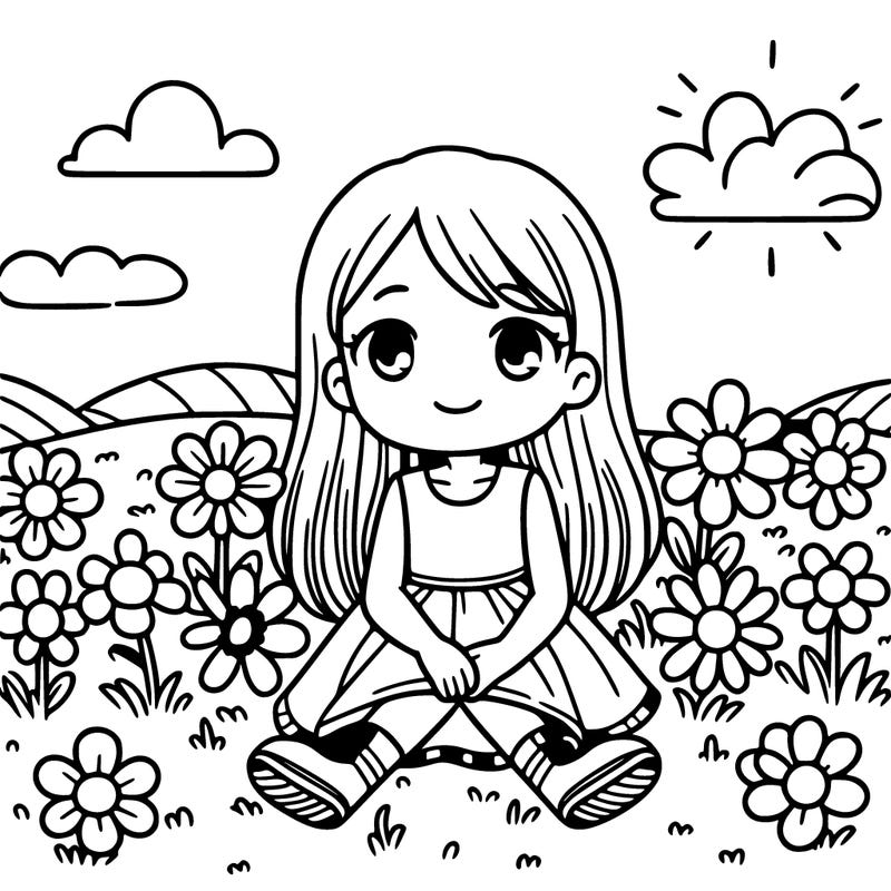 a girl sitting in a flower fild