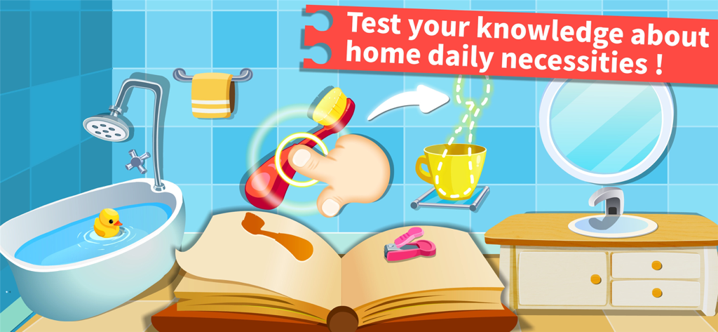 Baby Panda Daily Necessities - Une interface de salle de bain cartoon de l'application Bébé Panda : Les Essentiels du Quotidien où une main fait glisser une brosse à dents rouge vers un gobelet jaune.