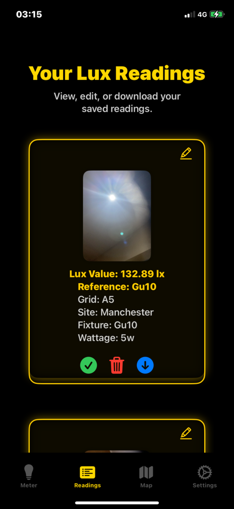 Lux Meter Pros - 상세 조명 측정 데이터를 보여주는 Lux Meter Pros 앱의 저장된 럭스 판독 값 화면