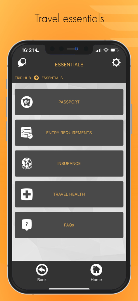 Uma interface de smartphone da aplicação ViewTrail que mostra uma lista de itens essenciais de viagem, incluindo passaporte, requisitos de entrada, seguro e secções de saúde em viagem.