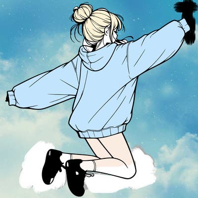 realistic girl jumping with a bun and oversized sweatshirt